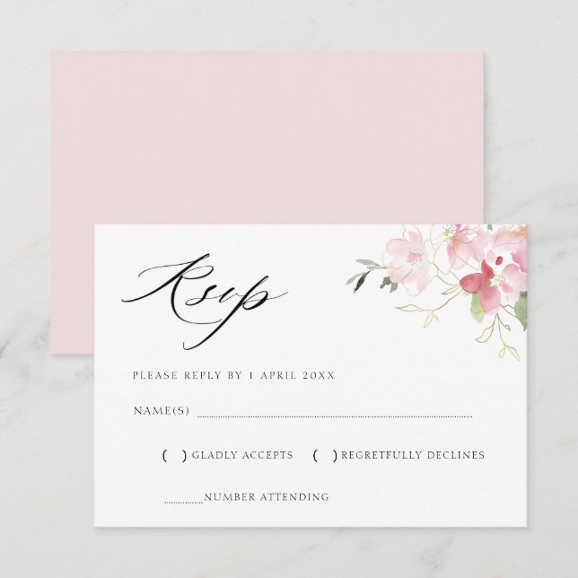 RSVP-Karte mit grauer und rötlich-rosa Blütenfarbe RSVP Karte (Vorne/Hinten)