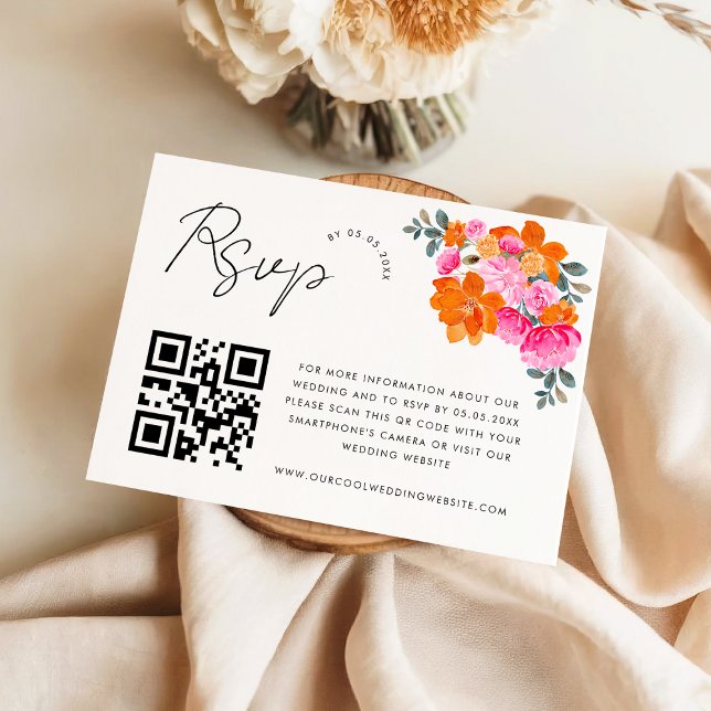 RSVP-Karte mit rosa und orangefarbenem QR-Code Begleitkarte (Von Creator hochgeladen)