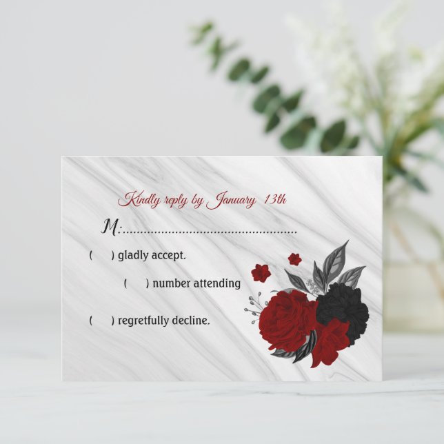 RSVP-Karte mit roten und schwarzen Blume RSVP Karte (Stehend Vorderseite)