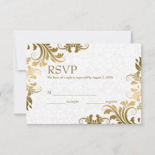 RSVP-Karte mit weißem Damast und goldener Spitze RSVP Karte