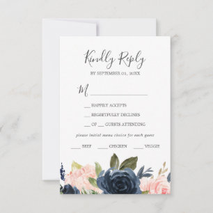 RSVP-Karte mit weißem Menü und Navy-Blume RSVP Karte
