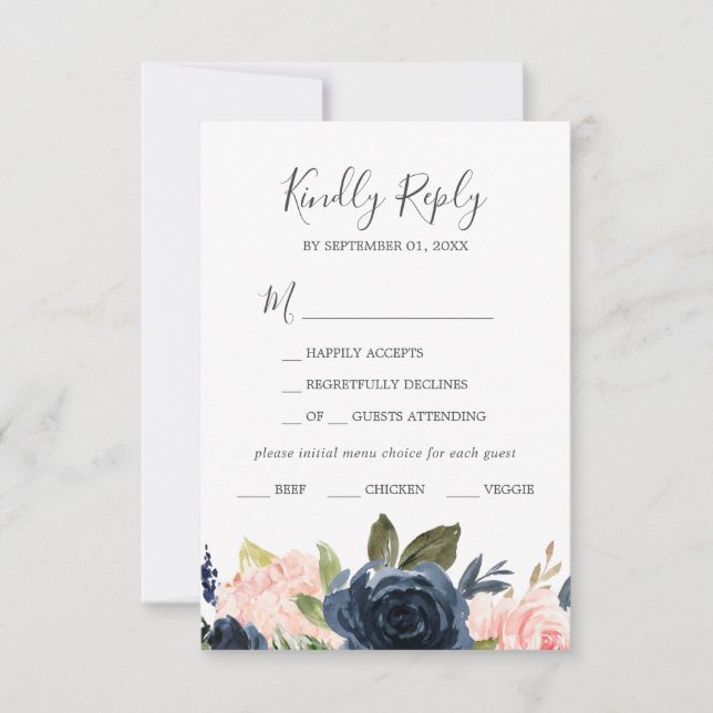 RSVP-Karte mit weißem Menü und Navy-Blume RSVP Karte (Vorderseite)