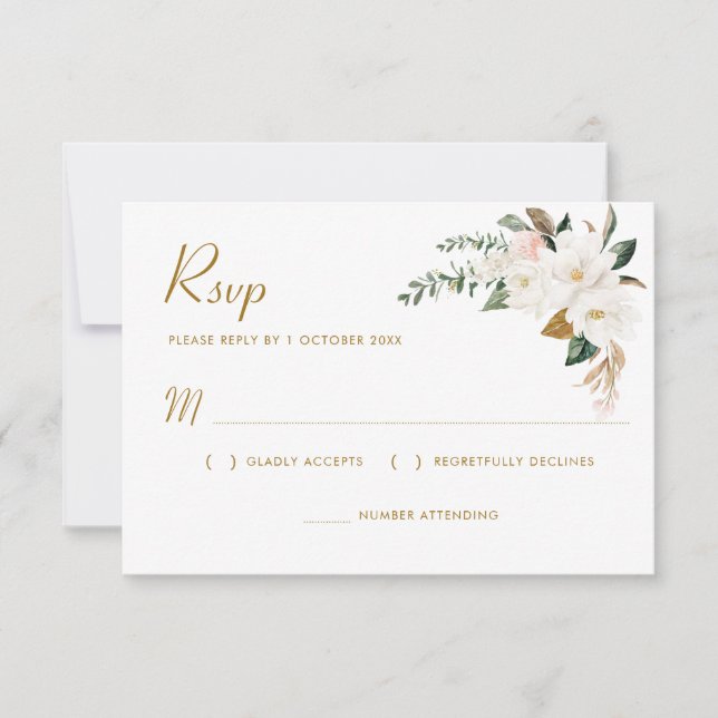 RSVP-Karte mit weißem und goldfarbenem Magnolium RSVP Karte (Vorderseite)