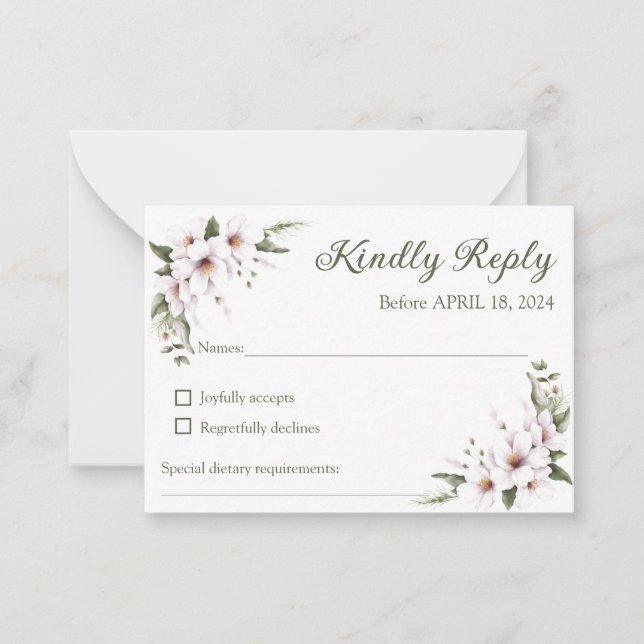 RSVP-Karte mit weißer Blüte, Antwortkarte Mitteilungskarte (Vorderseite)