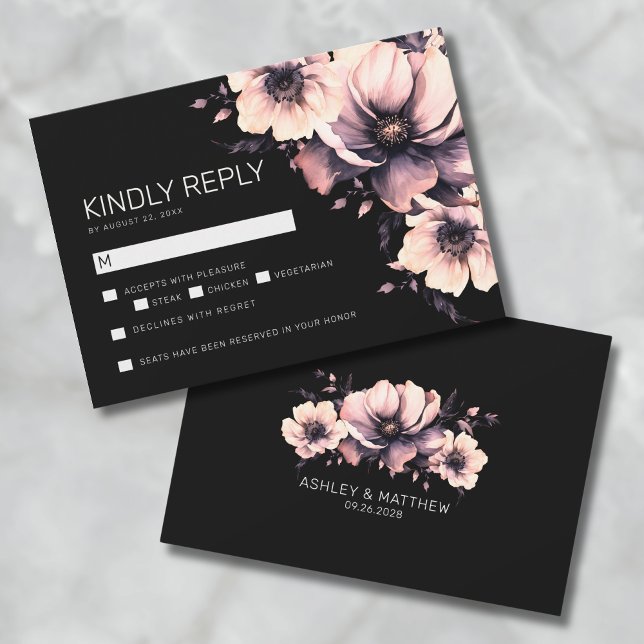 RSVP-Karte Mitteilungskarte (Black Pink Floral Wedding RSVP Card)