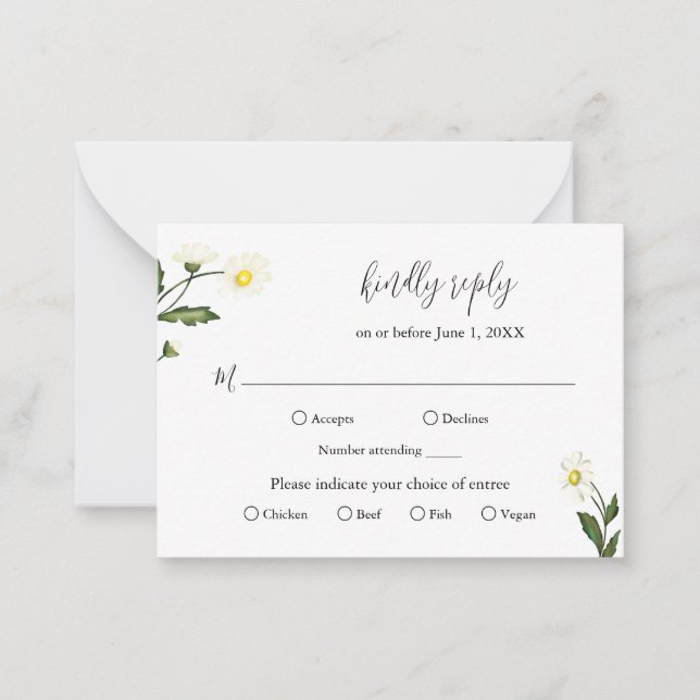 RSVP-Karte "White Daisy Floral" Mitteilungskarte (Vorderseite)