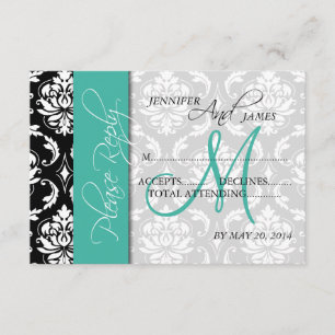 RSVP-Karten für Hochzeiten Damask Türkis Monogram Einladung