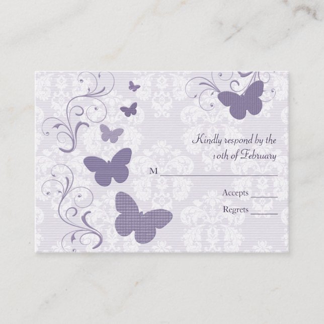 RSVP-Karten für lila Butterfly-Hochzeiten Begleitkarte (Vorderseite)