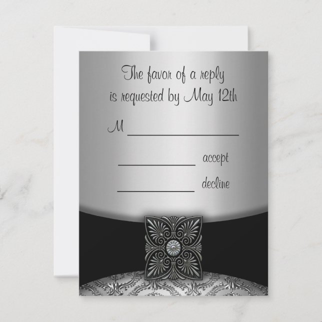 RSVP-Karten für Silver & Black Damask RSVP Karte (Vorderseite)
