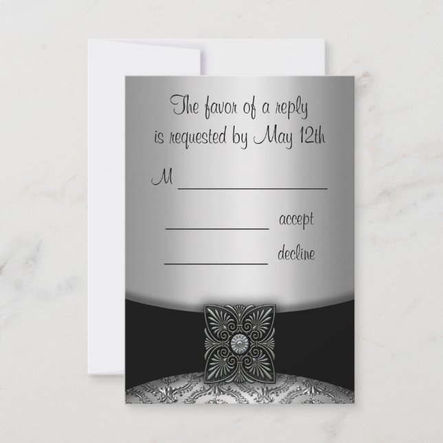 RSVP-Karten für Silver und Black Damask RSVP Karte (Vorderseite)