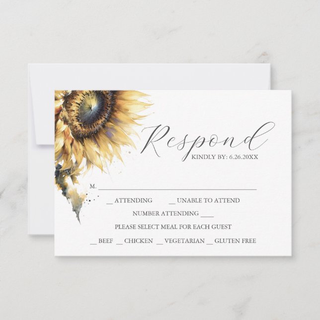 RSVP Karten mit Auswahl an Speisen Gelbe Sonnenblu (Vorderseite)