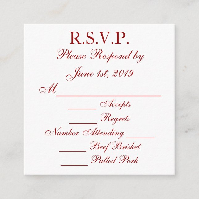RSVP-Karten mit tiefrotem und weißem Ansprechen Begleitkarte (Vorderseite)