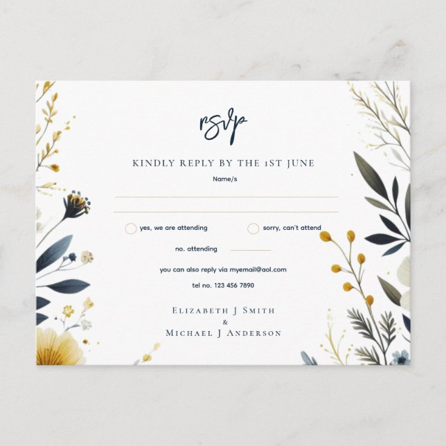 RSVP-KARTEN | Navy Blue Yellow Gold Floral Postkarte (Vorderseite)