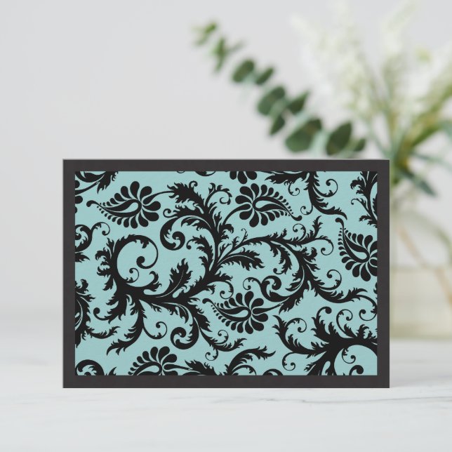 RSVP Karten - Schwarz & Aqua Blue Damask (Stehend Vorderseite)