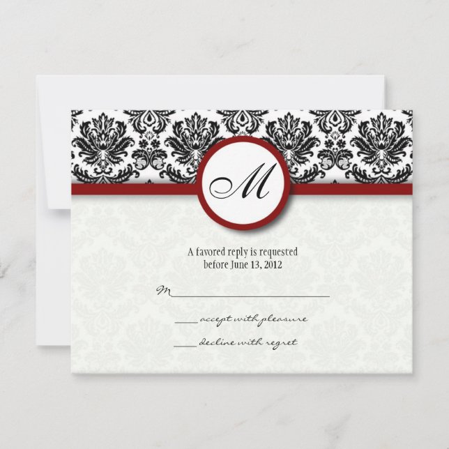 RSVP Karten Schwarz und Burgund Damask Monogramm (Vorderseite)