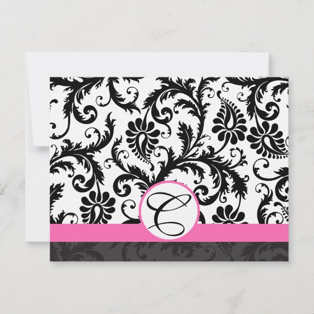 RSVP Karten schwarz und weiß Damask Hot Pink Trimm (Vorderseite)