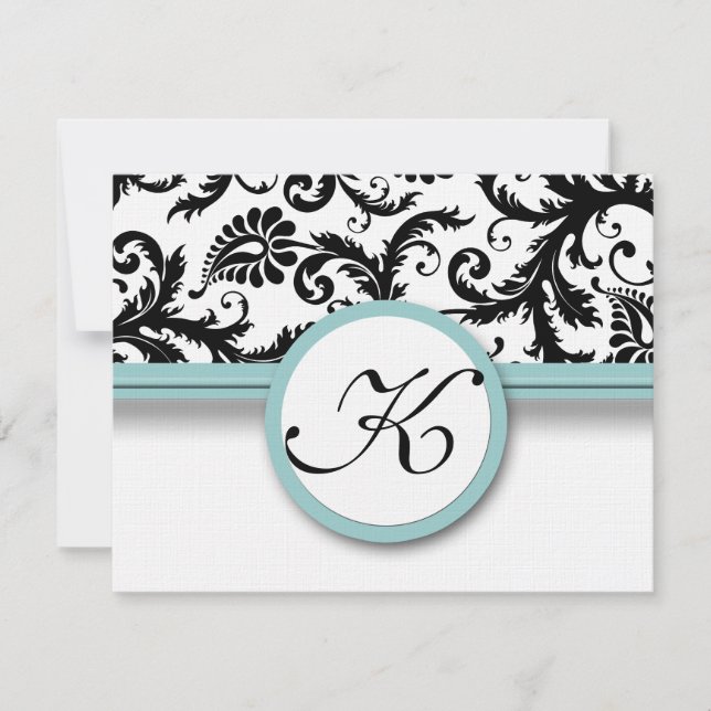 RSVP Karten Schwarz & Weiß Damask Aqua Trim (Vorderseite)