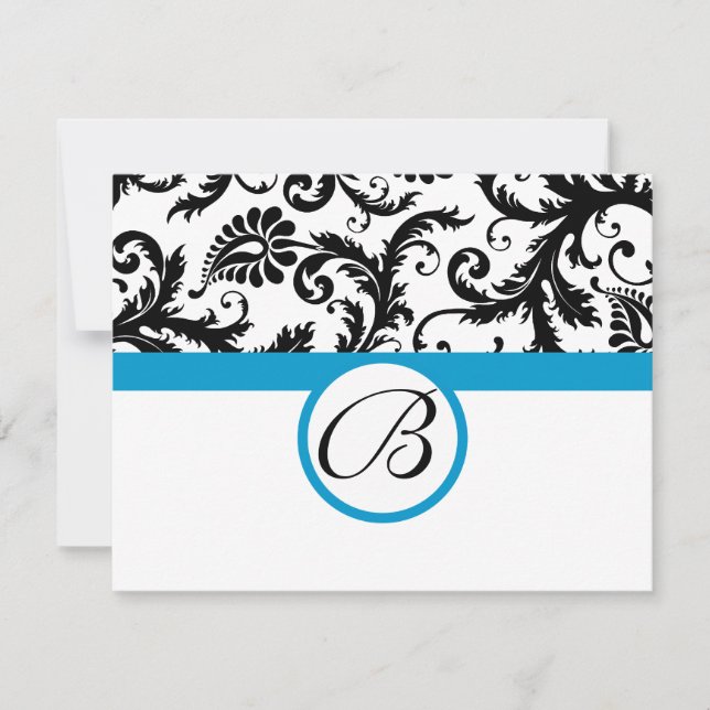 RSVP Karten Schwarz & Weiß Damask Aqua Trim (Vorderseite)