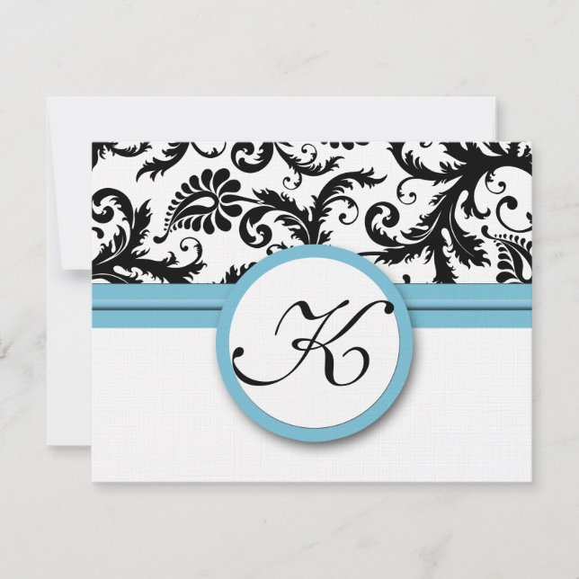 RSVP Karten Schwarz & Weiß Damask Pool Blue Trim (Vorderseite)