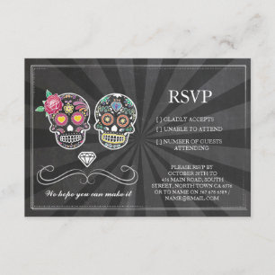 RSVP-Kreide-Hochzeit-Rustikal-Zuckerschädel-Blumen Einladung