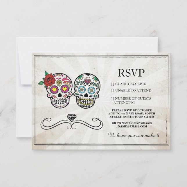 RSVP Mariage Crânes à sucre Cartes à carreaux à ca (Devant)