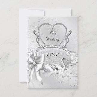 RSVP Mariage Élégant Cygnes Blancs Argent Cœur Rub
