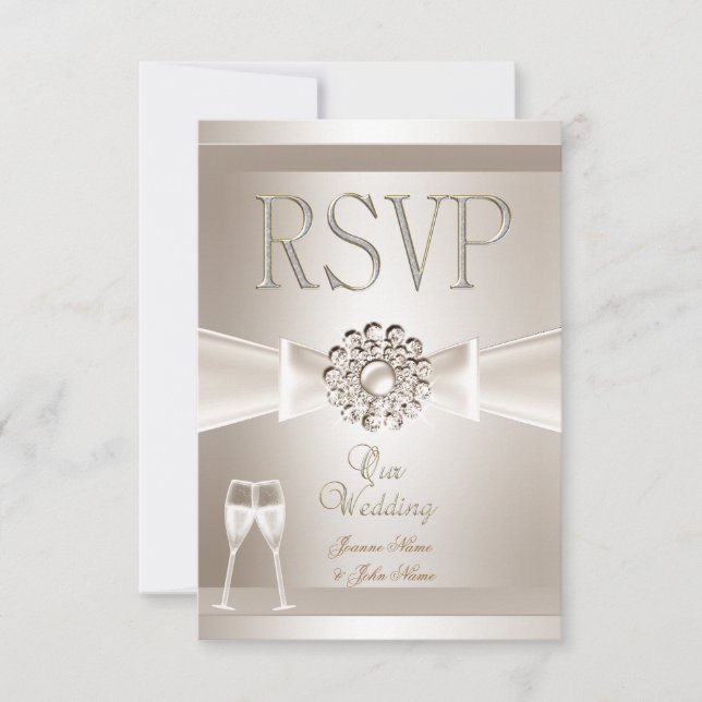 RSVP Mariage Élégant Damassé Crème Blanc Champagne (Devant)