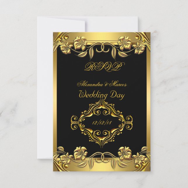 RSVP Mariage Élégant Orné Floral Noir Or (Devant)