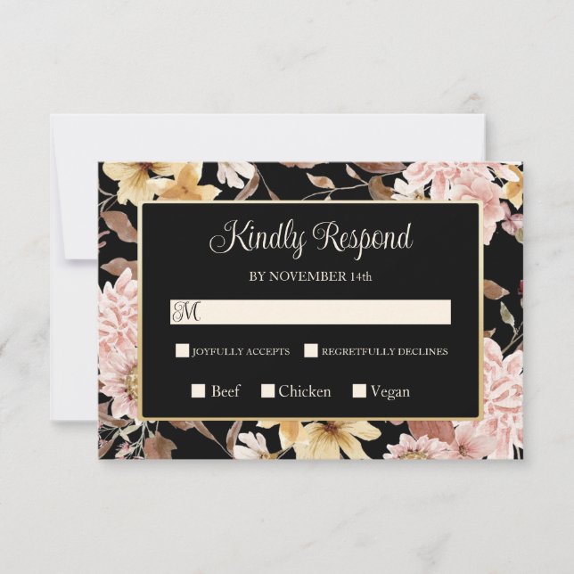 RSVP Mariage Fleurs de Boho Noires et Oiseaux (Devant)