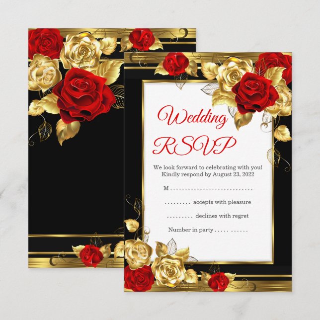 RSVP Mariage Red Gold Roses Black Gold Photo (Devant / Derrière)