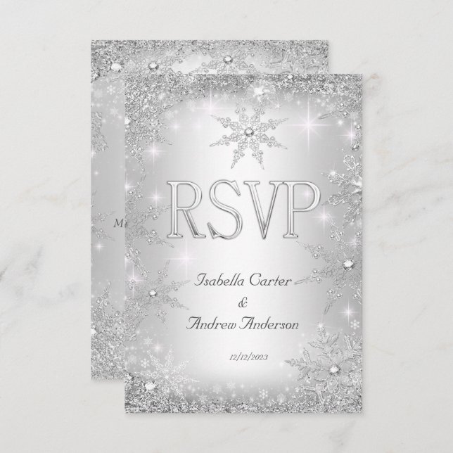 RSVP Mariage Silver Winter Wonderland Snowflakes (Devant / Derrière)