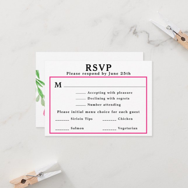 RSVP-Menü für Hochzeiten Rosa Blumenkarte Rücksend Einladung (Vorderseite/Rückseite Beispiel)