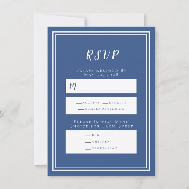 RSVP-Menü-Karte für Minimalistisches Blau und Weiß (Vorderseite)