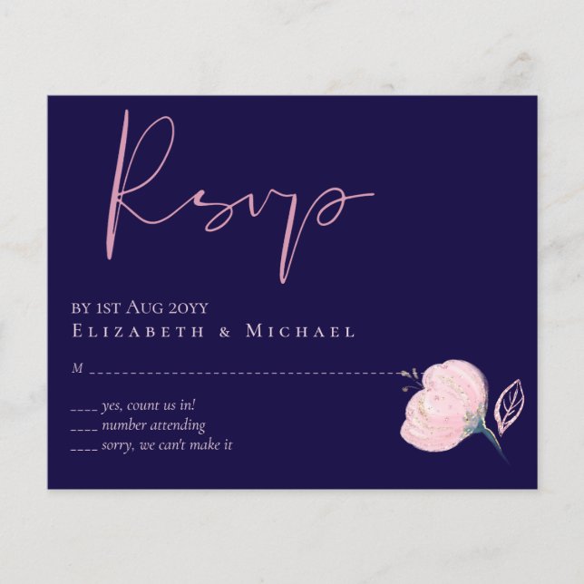 RSVP-Menü "Navy Blue Rose Gold Wedding" (Vorderseite)