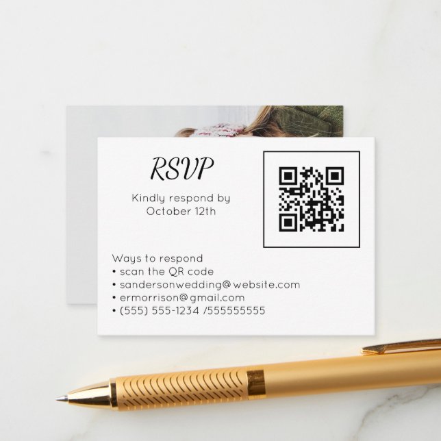 RSVP Online QR Code Foto für Hochzeiten Begleitkarte (Vorderseite/Rückseite Beispiel)
