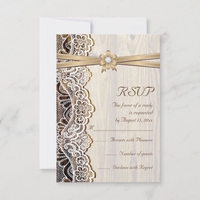 RSVP-Reaktion auf Spitzen, Bänder-Blume und Holzho RSVP Karte (Vorderseite)