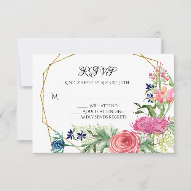 RSVP Réponse Aquarelle Florale Bleu Rose Fermes (Devant)