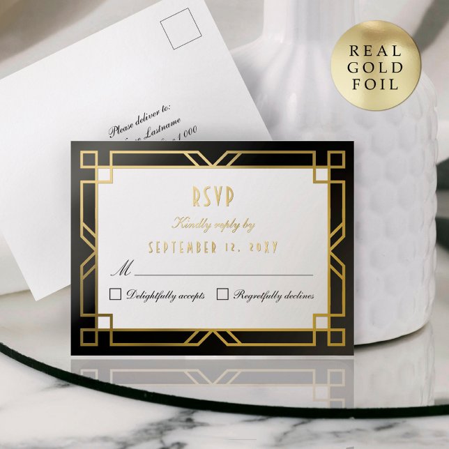 RSVP Réponse Art Déco Classic Black Gold Carte Pos (Créateur téléchargé)