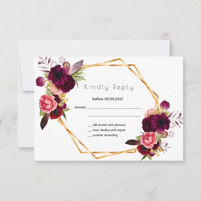 RSVP rose or fleurs de mariage bordeaux blanc (Devant)