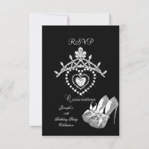 RSVP Schwarz Weiße Quinceanera-Party Schuhe Tiara Karte