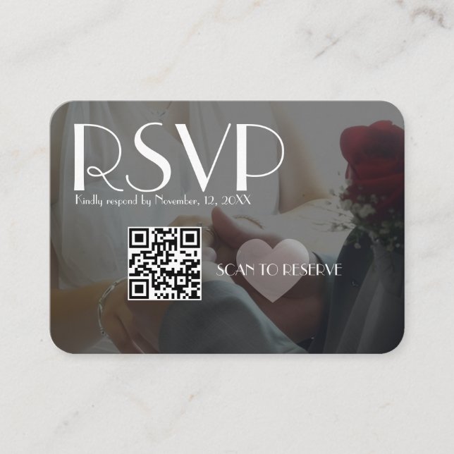 RSVP Schwarzer Foto Herz QR-Code Hochzeit Begleitkarte (Vorderseite)