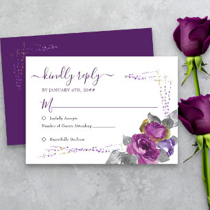 RSVP simple mariage violet et or confettis floraux