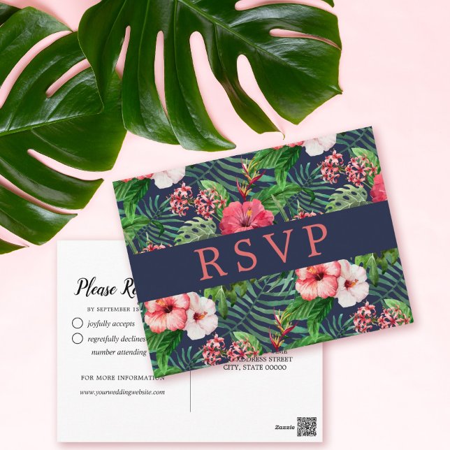 RSVP (Tropical Floral Hibiskus Navy) Postkarte (Von Creator hochgeladen)