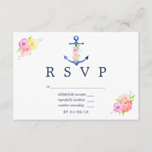RSVP (Watercolor Nautical Themed Floral Wedding) Karte