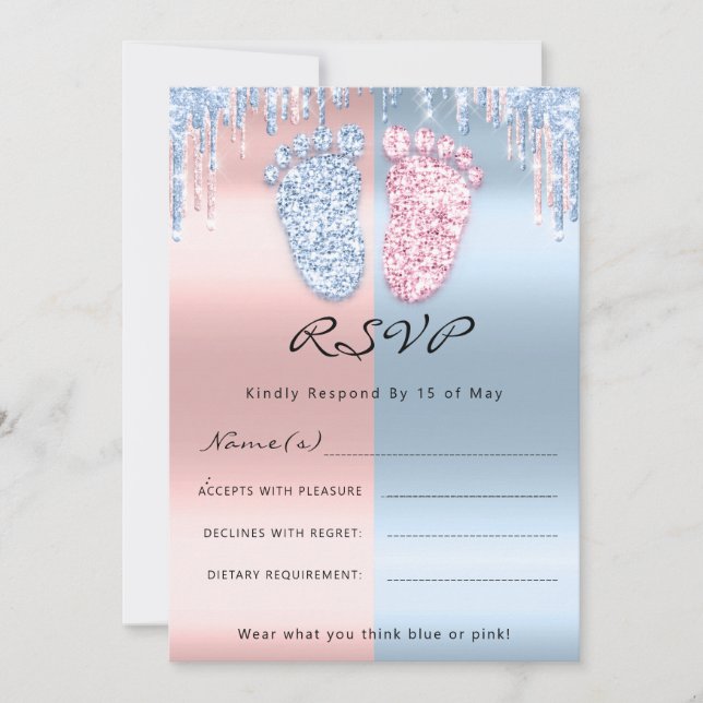 RSVPGender Reveal Feet Glitzer Pink Blue BabyTwins Einladung (Vorderseite)