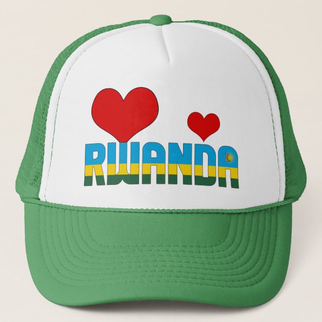 Ruanda Flag Herz Blue Green Yellow Sun Patriotic Truckerkappe (Vorderseite)