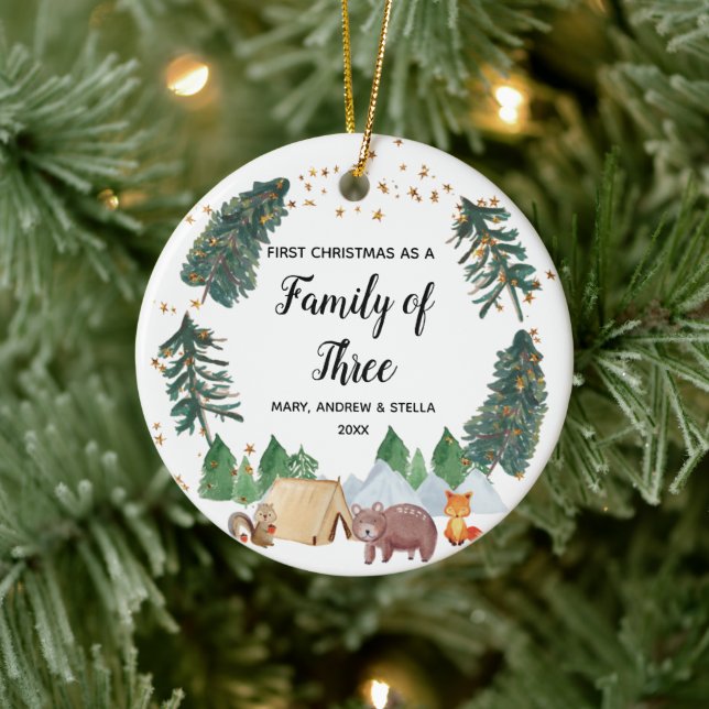 Ruatic Woodland 1. Weihnachten als Familie der dre Keramik Ornament (Baum)