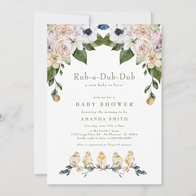 Rub-A-Dub-Dub Gelbe Duck Floral Baby Shower Einladung (Vorderseite)