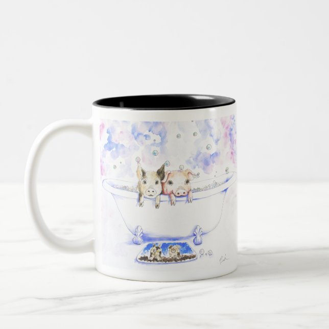 Rub a Dub Dub Piggies in der Tube Malerei Zweifarbige Tasse (Links)