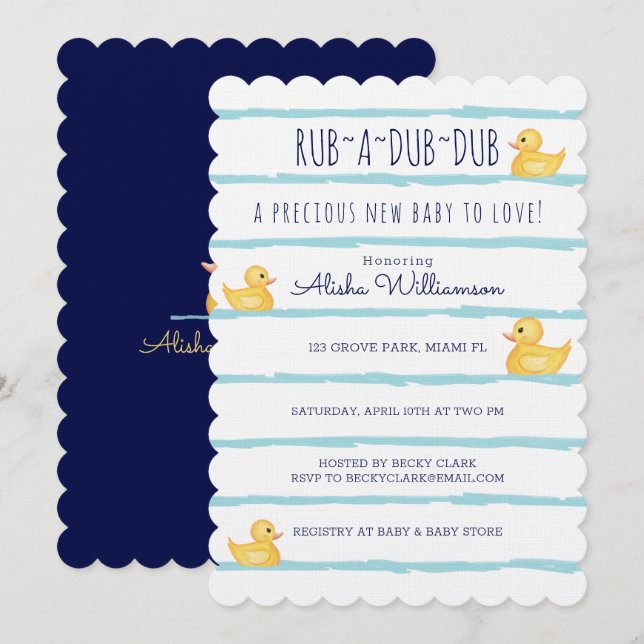 Rub-A-Dub Niedlicher gelber Gummi Ducky Babydusche Einladung (Vorne/Hinten)